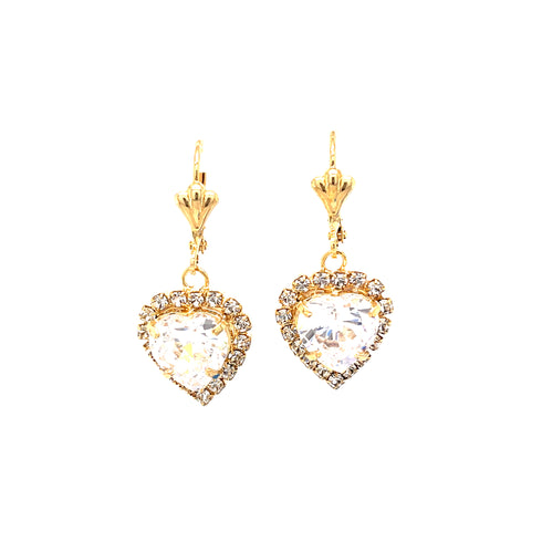 These Heart Shaped Zirconia Stones Dangle Earrings, crafted from 14k gold filled material, elegantly shimmer with sparkling gemstones to catch the light.